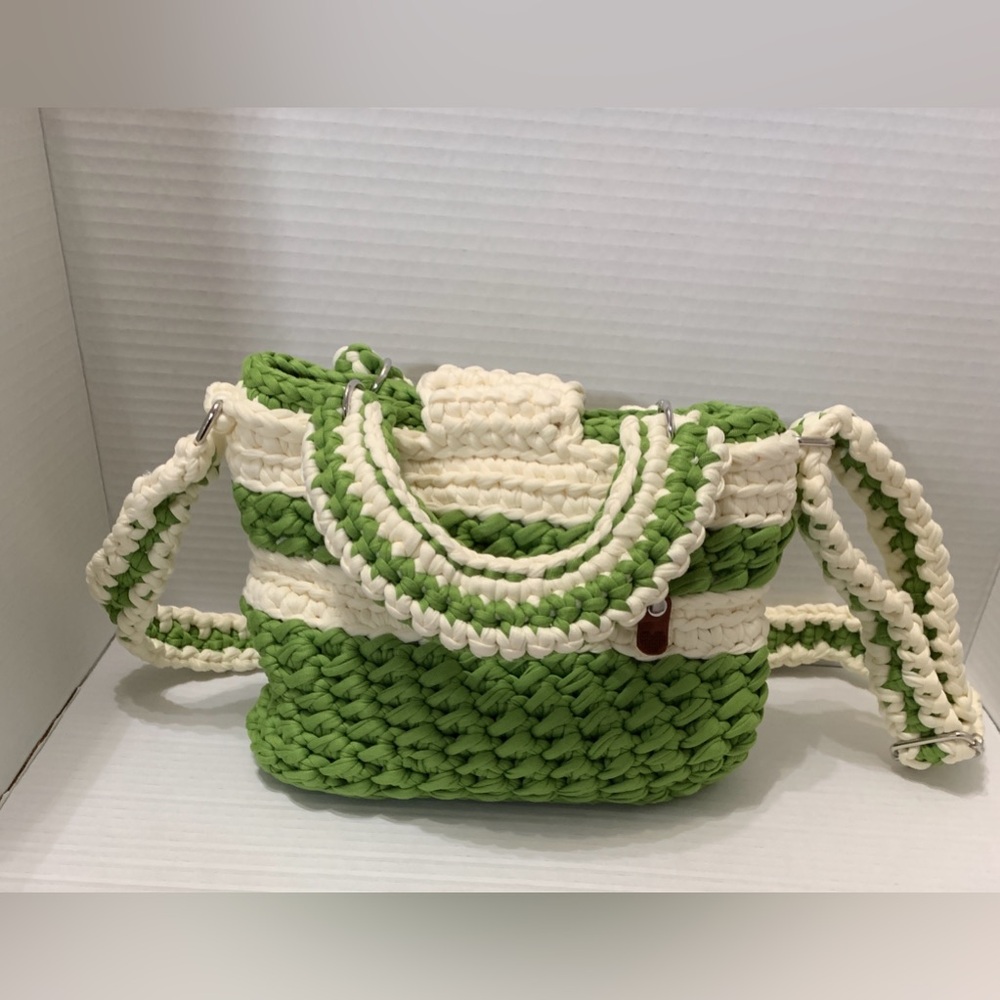 Handmade Crochet Bag Green and White Handwoven Crossbody with stripes - Picture 4 of 11